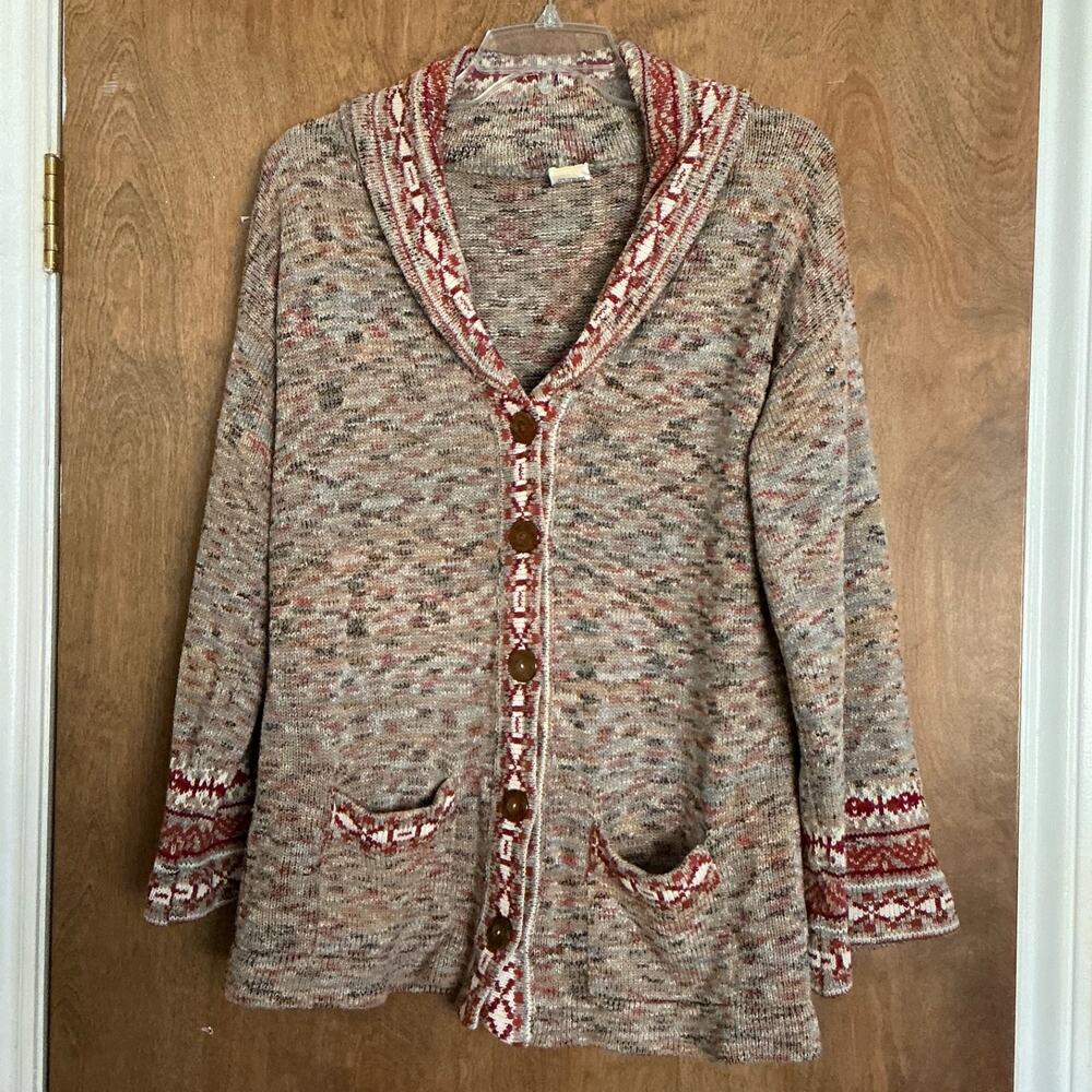 Vintage Button Up Long Sweater, Colorful Basketweave, Coogi-Style Design Size 6